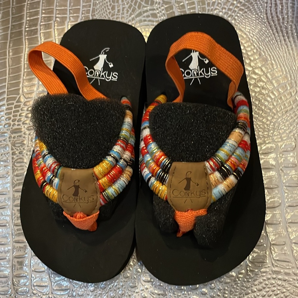 Corkys Kids Beaded Flip Flops - Black and Multicolor